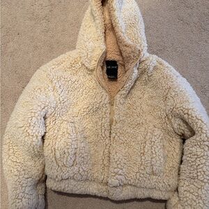 Me Jane girls Beige Faux Fur Sherpa hooded Jacket sz 10/12